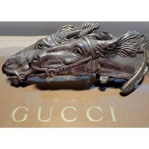 Gucci Genuine VTG Brutalist Double Horse Belt Buckle Italy Rare Silver Pewter